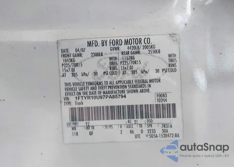 2007 Ford Ranger Sport/Stx/Xl/Xlt из США, поврежденный, VIN 1FTYR10U97PA85794